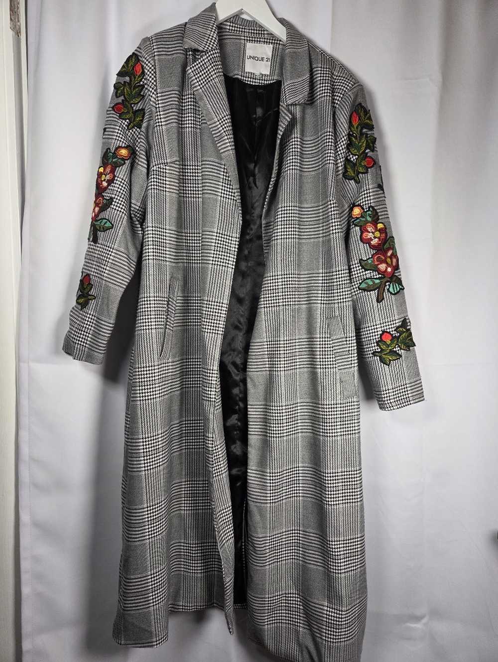 Unique 21 Plaid Open Front Trench Coat Floral Embroidery Women's US 12  UK 16